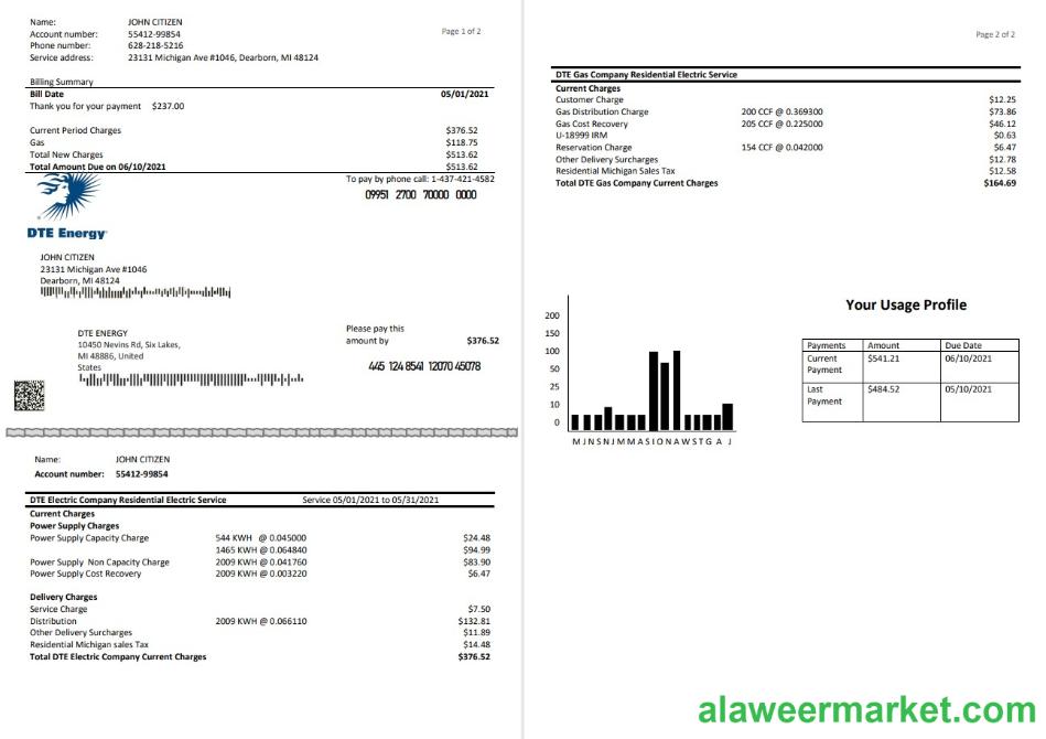 USA DTE Energy utility bill template in Word and PDF format (2 pages)